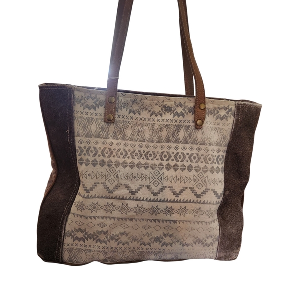 Myra Canvas Calf Hair Shoulder Tote Bag - Picture 1 of 11